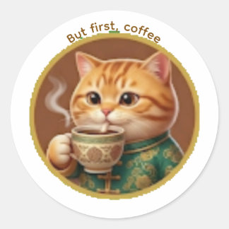 Redondo Adesivo de Gato Laranja Fofo Bebendo Chá Café