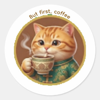 Redondo Adesivo de Gato Laranja Fofo Bebendo Chá Café