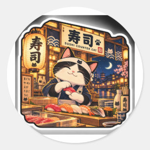Redondo Adesivo de Gato no Balcão de Sushi Arte de Bar d
