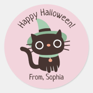 Redondo Adesivo de Gato Preto Feliz Halloween com Chapéu d