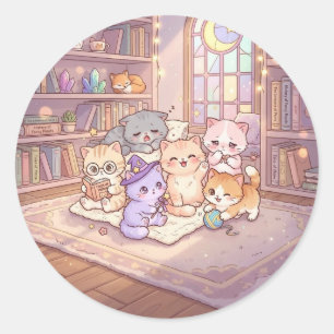 Redondo Adesivo de Gatos Amigos na Biblioteca Pastel