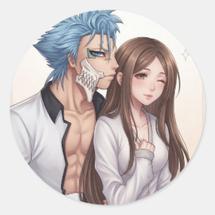 Redondo Adesivo de Guerreiro de Anime de Cabelo Azul e Com