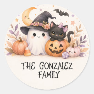 Redondo Adesivo de Halloween da Família de Gato Fantasma F