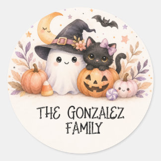 Redondo Adesivo de Halloween da Família de Gato Fantasma F