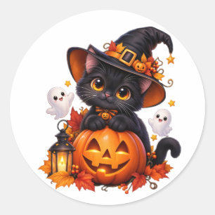 Redondo Adesivo de Halloween de Abóbora de Gato Preto