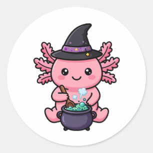 Redondo Adesivo de Halloween de Bruxinha Axolote Fofa