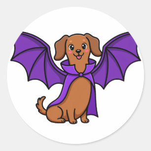 Redondo Adesivo de Halloween de Dachshund Morcego Fofo