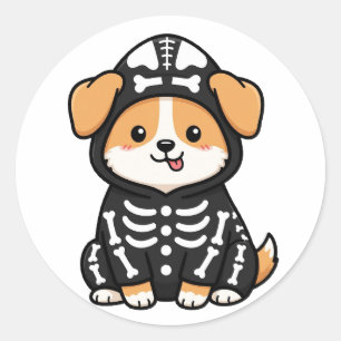 Redondo Adesivo de Halloween de Esqueleto Corgi Engraçado