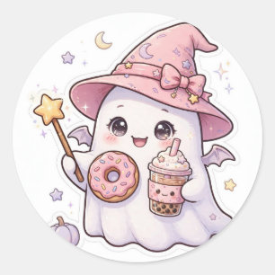 Redondo Adesivo de Halloween de Fantasma Rosa Bonito Feiti