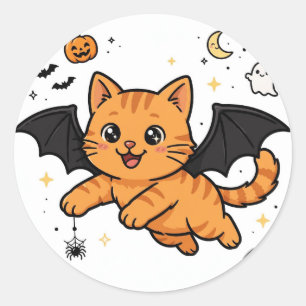 Redondo Adesivo de Halloween de Gato Laranja com Morcego F