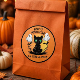 Redondo Adesivo de Halloween de Gato Preto Feliz Perseguiç