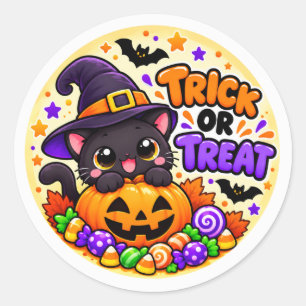 Redondo Adesivo de Halloween de Gato Preto Fofo para Doce