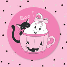 Adesivo de Halloween Rosa Gato Preto Fantasma Fofo