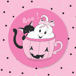 Redondo Adesivo de Halloween Rosa Gato Preto Fantasma Fofo