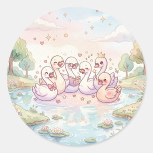 Redondo Adesivo de História da Família do Cisne Fofo
