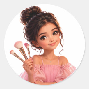 Redondo Adesivo de Ilustração de Menina Fofa com Pincéis