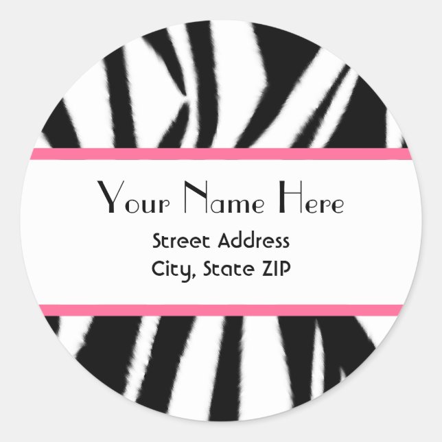 Redondo Adesivo de impressão zebra e endereço rosa (Frente)