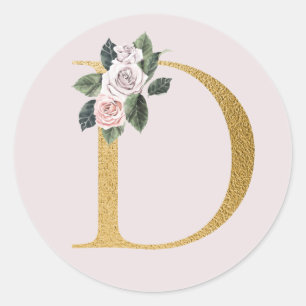 Redondo Adesivo de iniciais douradas de rosas da primavera