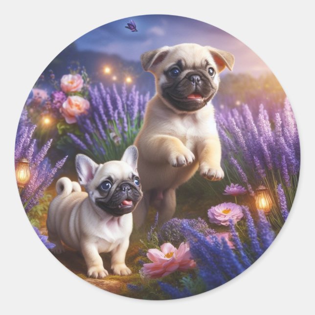 Redondo Adesivo de Jardim com Pug e Frenchie Caprichosos (Frente)