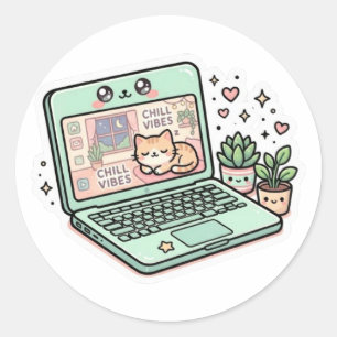 Redondo Adesivo de Laptop Vibrações Legais Kawaii Fofinho