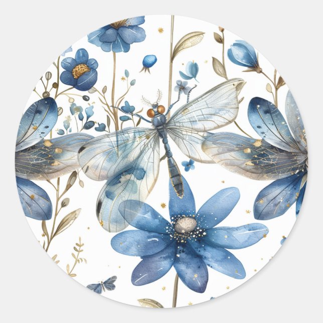 Redondo Adesivo de Libélula Floral Azul Selo de Envelope (Frente)