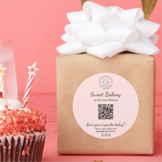 Redondo Adesivo de Logotipo de Padaria com Código QR Rosa