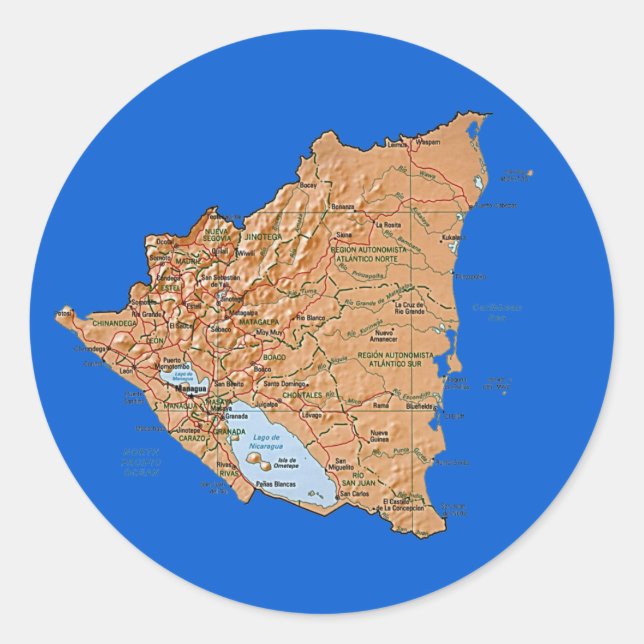 Redondo Adesivo de Mapa da Nicarágua (Frente)