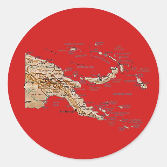 Redondo Adesivo de Mapa da Papua-Nova Guiné (Frente)