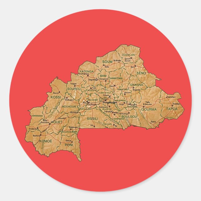 Redondo Adesivo de Mapa de Burkina Faso (Frente)
