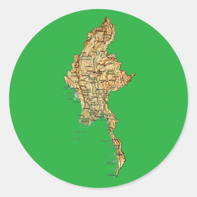 Redondo Adesivo de Mapa de Myanmar (Frente)
