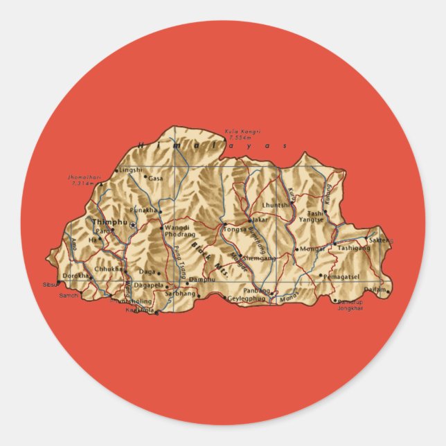 Redondo Adesivo de Mapa do Butão (Frente)