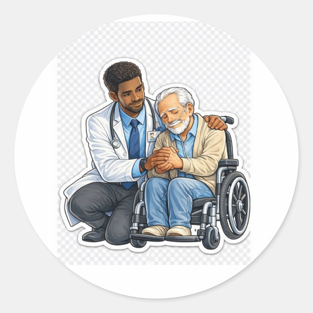 Redondo Adesivo de Médico Cuidando de Idosos (Frente)