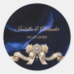 Redondo Adesivo de Monograma de Casamento Real Azul Coroa