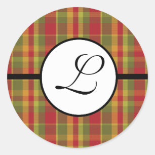 Redondo Adesivo de Monograma de Natal Xadrez Vermelho Verd