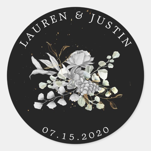 Redondo Adesivo de monograma floral prateado dramático (Frente)