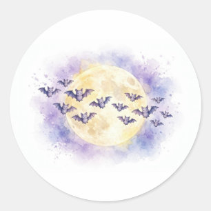 Redondo Adesivo de Morcegos em Aquarela Lua Cheia Hallowee