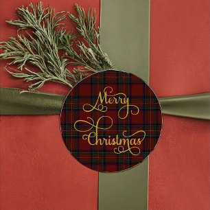Redondo Adesivo de Natal Alegre Xadrez Tartan Vermelho Ver