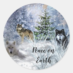Redondo Adesivo de Natal com Lobos e Neve de Inverno