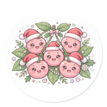 Adesivo de Natal de Cerejas Rosa com Chapéus de Pa