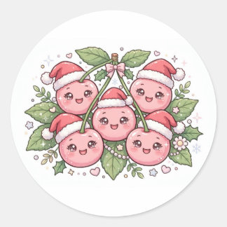 Redondo Adesivo de Natal de Cerejas Rosa com Chapéus de Pa