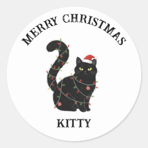 Redondo Adesivo de Natal de Gatinho Preto Fofo