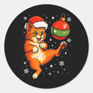 Redondo Adesivo de Natal de Gato Laranja Divertido Futebol