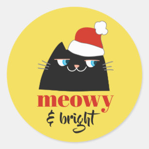Redondo Adesivo de Natal de Gato Preto Divertido Meowy & B