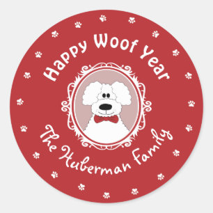 Redondo Adesivo de Natal de Poodle 'Feliz Ano Woof'