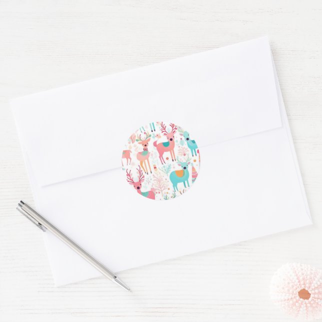 Redondo Adesivo de Natal de Renas Fantasiosas para Férias (Envelope)