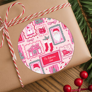 Redondo Adesivo de Natal rosa coquette desenhado à mão