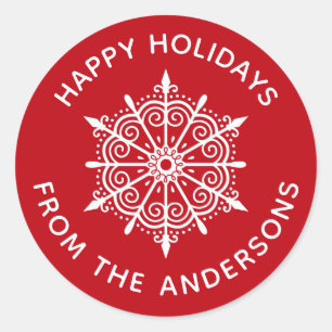 Redondo Adesivo de Natal Simples Vermelho e Branco Floco d