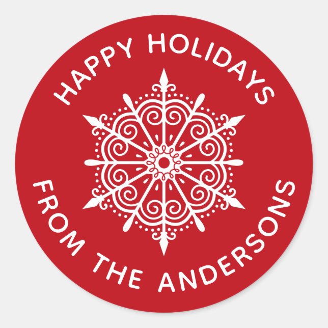 Redondo Adesivo de Natal Simples Vermelho e Branco Floco d (Frente)