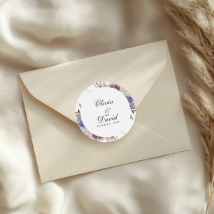 Redondo Adesivo de Nome e Data de Casamento Floral Lilás