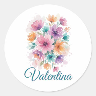 Redondo Adesivo de Nome Floral Personalizado em Aquarela